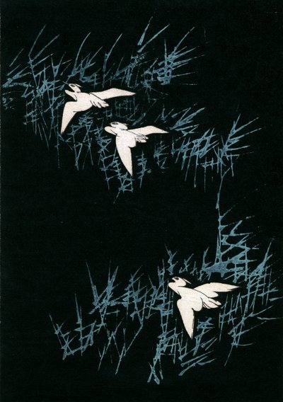 Trois grues dans un paysage noir - Japanese School