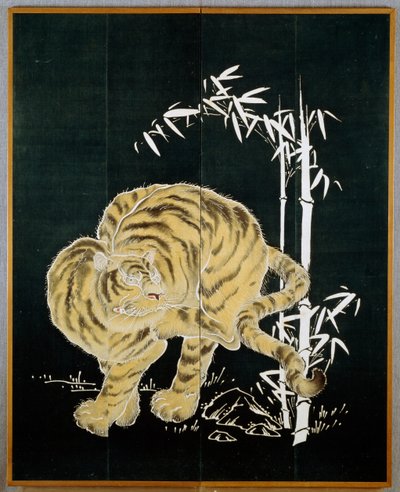 Tigre et bambou, motif sur écran de coton à deux portes (byobu), amidon de riz et trempage à l