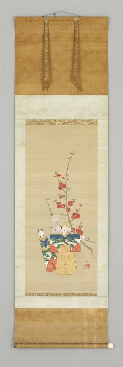 Deux poupées japonaises et une branche fleurie, fin du 18e siècle - Japanese School