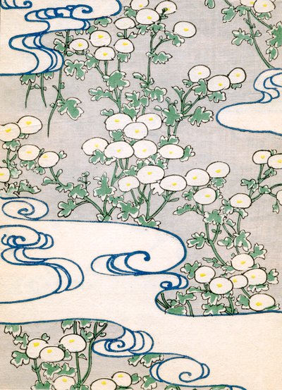 Gravure sur bois en couleur de vignes en fleurs et motif de vagues - Japanese School