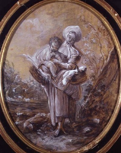 Femme avec enfant dans un paysage campagnard - Jean Baptiste Huet