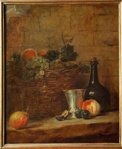 Corbeille de fruits avec des raisins, un gobelet en argent et une bouteille, des pêches ... - Jean-Baptiste Simeon Chardin