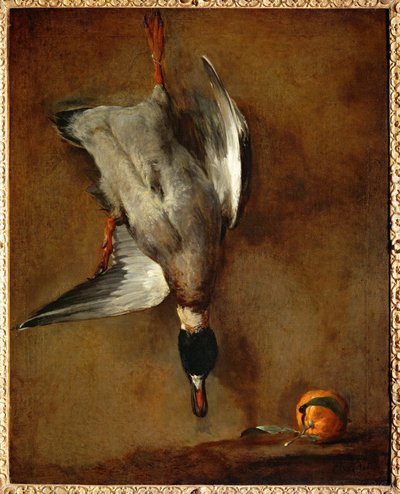canard, accroché au mur, et orange amère (peinture sur toile) - Jean-Baptiste Simeon Chardin