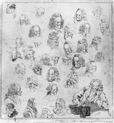 Différentes expressions en 30 têtes de Voltaire. Portraits de François Marie Arouet, dit Voltaire (1694-1778) « différentes physionomies de Voltaire ». Eau-forte attribuée à Dominique Vivant-Denon (Vivant Denon) (1747-1825) d