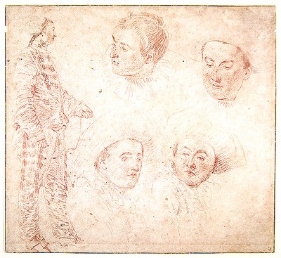 Un personnage et quatre têtes - Jean Antoine Watteau