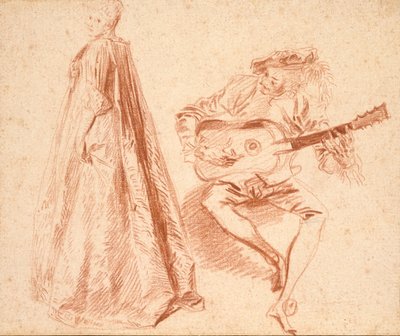 Fille debout de profil à gauche, avec un homme jouant de la guitare, début du 18ème siècle - Jean Antoine Watteau