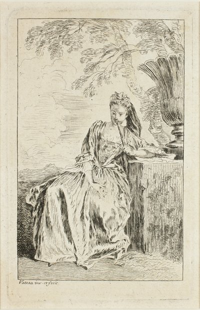 Femme assise, appuyée sur un piédestal - Jean Antoine Watteau