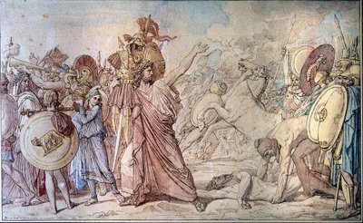 Romulus apporte au temple de Jupiter (Zeus) les armes d