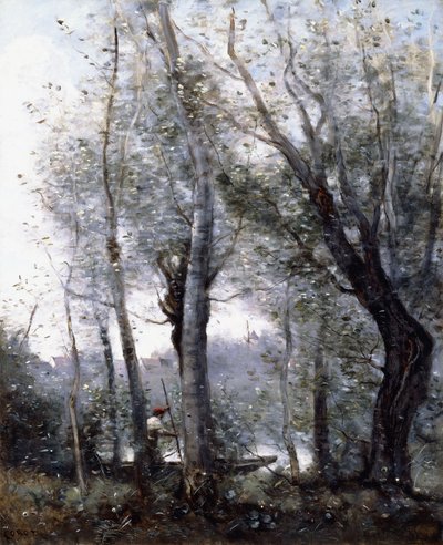 Une barge passant derrière des arbres sur le rivage, 1865-70 - Jean Baptiste Camille Corot