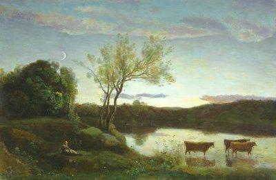 Un étang avec trois vaches et un croissant de lune, vers 1850 - Jean Baptiste Camille Corot
