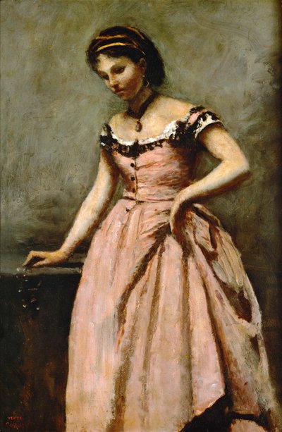 Fille en robe rose avec des roses et une perle ... - Jean-Baptiste-Camille Corot