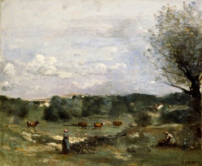 Prairie avec des vaches, un saule à droite et un village lointain - Jean Baptiste Camille Corot