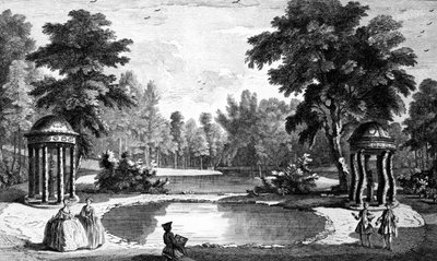Vue de la grotte et des deux temples de coquillages, jardins de Stowe House, gravée par George Bickham, 1753 - Jean Baptiste Claude Chatelain