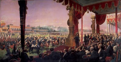 La distribution des drapeaux à Longchamp par le président Jules Grévy en présence de Léon Gambetta le 14 juillet 1880 - Jean Baptiste Edouard Detaille