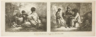 Enfants avec chien et mouton et famille de paysans au coin du feu - Jean Baptiste Huet
