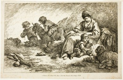 Mère et enfants avec moutons - Jean Baptiste Huet