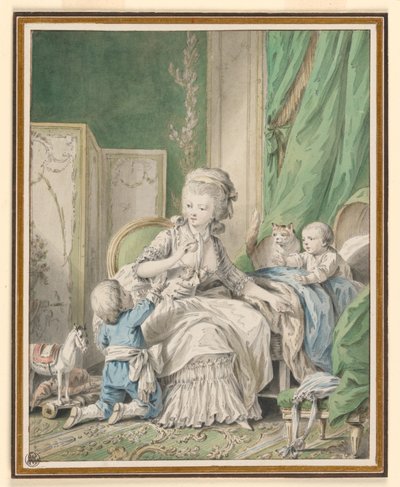 Dessin, mère et deux enfants dans un boudoir, peut-être 1782 - Jean Baptiste Huet