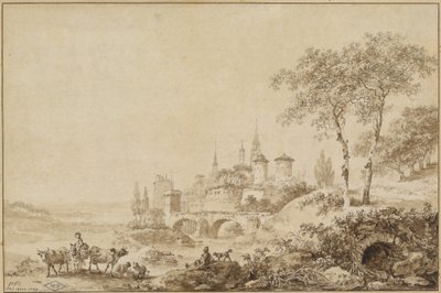Bergers dans un paysage devant une ville fortifiée - Jean Baptiste Le Prince