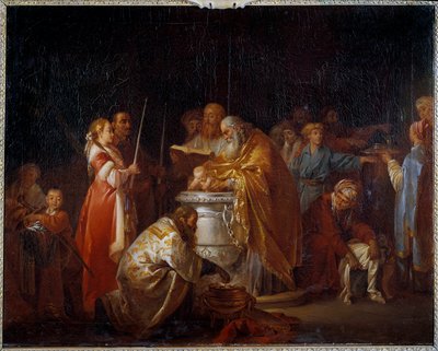 Baptême russe Un pope orthodoxe baptise un enfant devant ses parents. Peinture de Jean-Baptiste Leprince (1733-1781) 1765 - Jean Baptiste Leprince