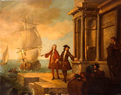 Europe - Marchands européens avec des débardeurs manipulant un tonneau et une balle sur un quai, 1724 - Jean Baptiste Oudry