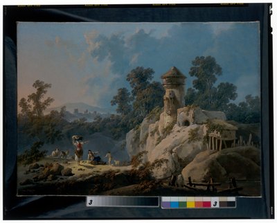 Un vaste paysage avec des bergers se reposant avec leurs troupeaux sous une tour - Jean Baptiste Pillement