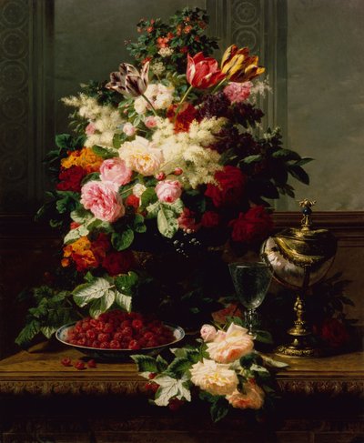 Nature morte de roses, tulipes et autres fleurs sur un compotier allemand - Jean Baptiste Robie