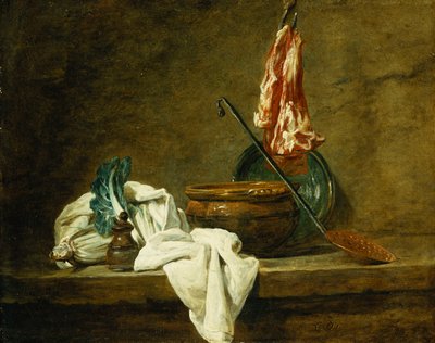 Betteraves, une boîte à épices, un torchon, un pot, une assiette en faïence, une écumoire, avec de la viande sur un crochet, sur un rebord, 1734 - Jean Baptiste Simeon Chardin