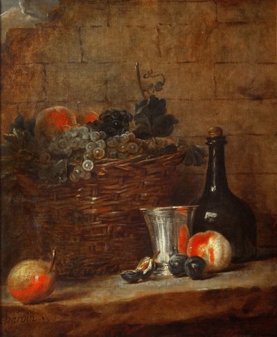 Panier de fruits avec raisins, un gobelet en argent et une bouteille, pêches, prunes et une poire - Jean Baptiste Simeon Chardin