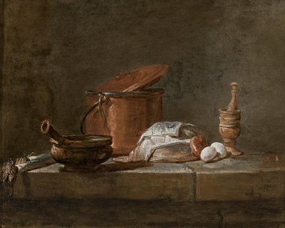 Poireaux, une casserole avec un linge, une marmite et un couvercle en cuivre, un oignon et des œufs avec un pilon et un mortier, sur un rebord en pierre. - Jean Baptiste Simeon Chardin