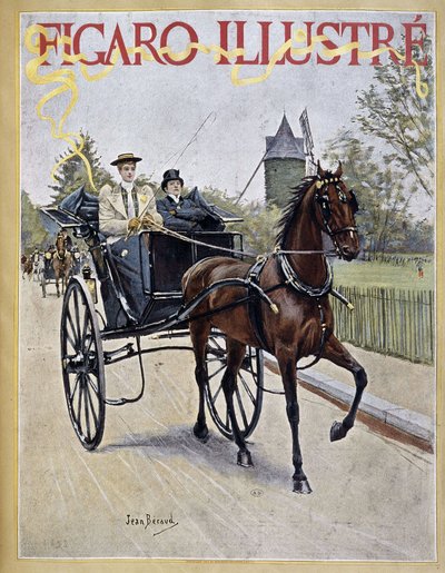 Femme conduisant une calèche avec un homme assis à côté - couverture de « Figaro Illustré » - Jean Beraud