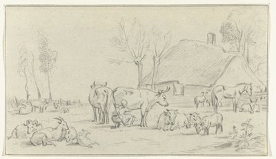 Ferme avec bétail et femme trayant - Jean Bernard
