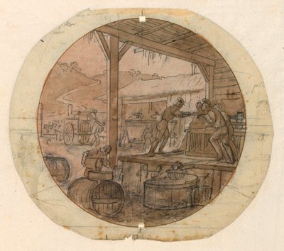 Conception pour une assiette en porcelaine peinte, Chargement ou déchargement de marchandises - Jean Charles Develly