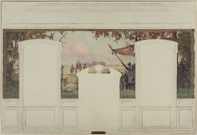 Esquisse pour la mairie de Fresnes: Paysage avec tribunes et cavaliers - Jean Constant Pape