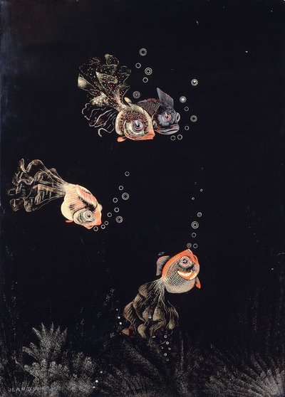 Un panneau laqué par Jean Dunand, représentant une scène sous-marine avec des poissons rouges et dorés soufflant des bulles d