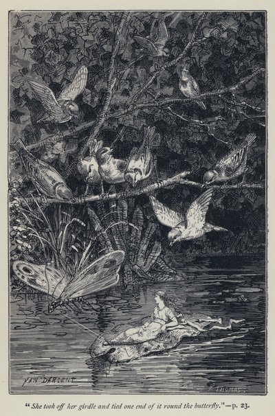 "Elle enleva sa ceinture et en attacha une extrémité autour du papillon" (gravure) - Jean Edouard Dargent