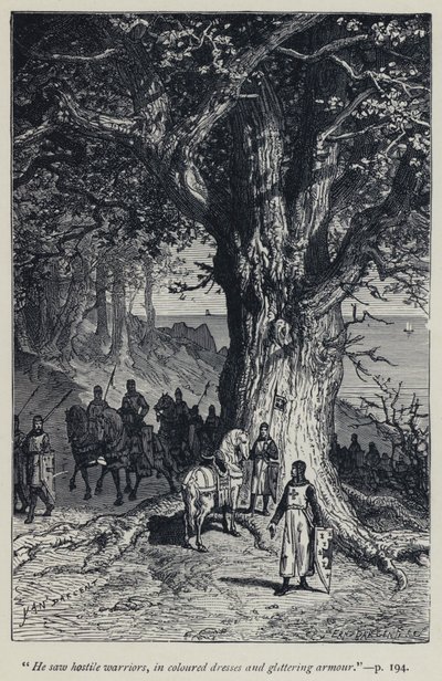 "Il vit des guerriers hostiles, en vêtements colorés et armures scintillantes" (gravure) - Jean Edouard Dargent