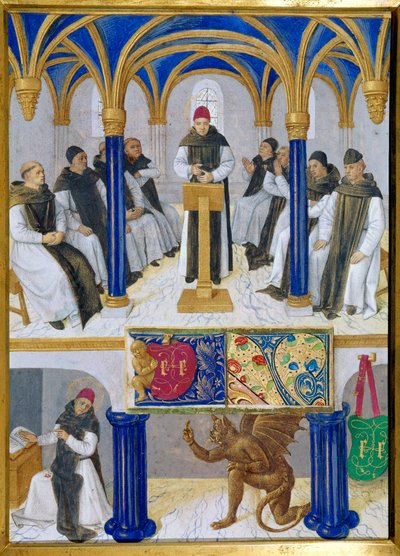 Représentation de Saint Bernard de Clairvaux (San Bernardo di Chiaravalle) (1090-1153) enseigné et tenté par le diable. Miniature tirée de « Le Livre d
