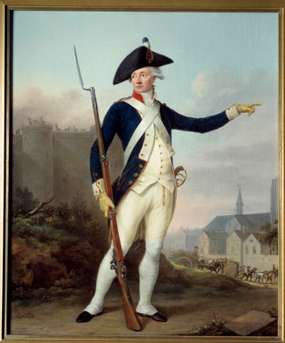 Révolution française : Portrait en pied du citoyen Nau Deville en uniforme de la garde nationale (au fond démolition de la Bastille) - Jean Francois Marie Bellier