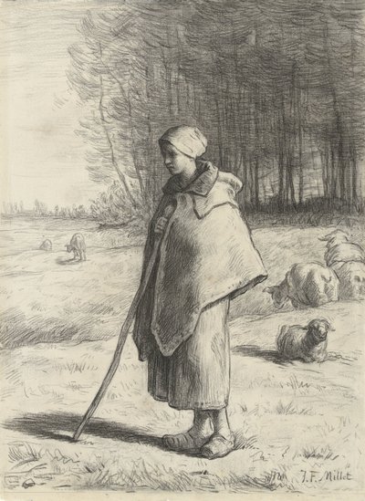 Bergère appuyée sur un bâton - Jean Francois Millet