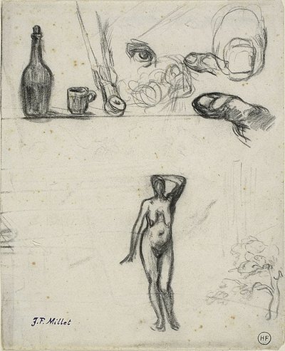 Feuille de Croquis : Femme Nue Debout, Arbre, Nature Morte, Doigts et Œil - Jean Francois Millet