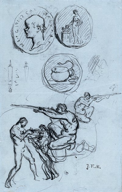 Trois études pour des pièces antiques, des chasseurs et un homme avec un lion - Jean Francois Millet
