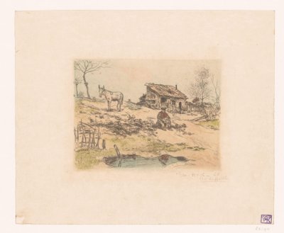 Paysage avec homme et âne près d