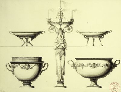 Design pour un Candélabre en Forme de Femme, Deux Coupes en Argent et Deux Plats en Argent - Jean Guillaume Moitte