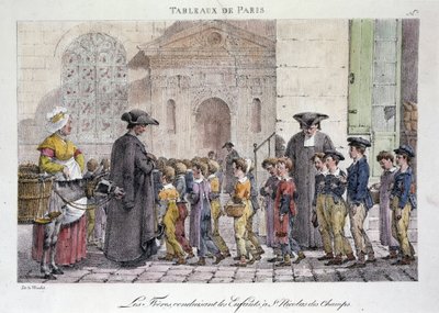 Ancien métier de rue à Paris : les frères conduisant les enfants à Saint-Nicolas-des-Champs, École catholique - Gravure par Jean Henry Marlet dans Les Tableaux de Paris, série de 72 estampes, fin du 19e siècle - Jean Henri Marlet