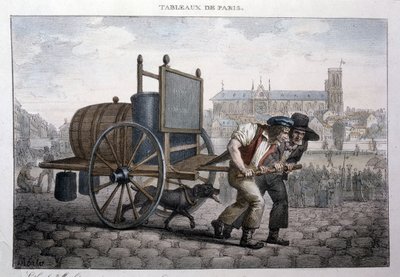 Ancien métier de rue à Paris : bain à domicile (deux hommes tirent une charrette avec un tonneau rempli d
