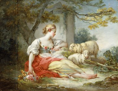 Une bergère assise avec des moutons et un panier de fleurs près d