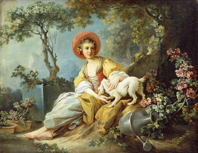 Une jeune femme assise avec un chien et un arrosoir dans un jardin - Jean Honore Fragonard