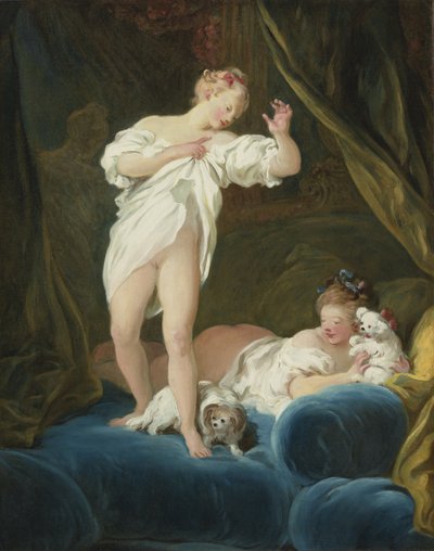 Deux filles sur un lit jouant avec leurs chiens - Jean Honore Fragonard