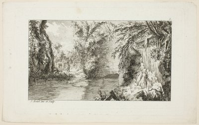 Paysage avec un promeneur et une cascade, planche 5 de la deuxième suite Livre de paysages - Jean Hoüel