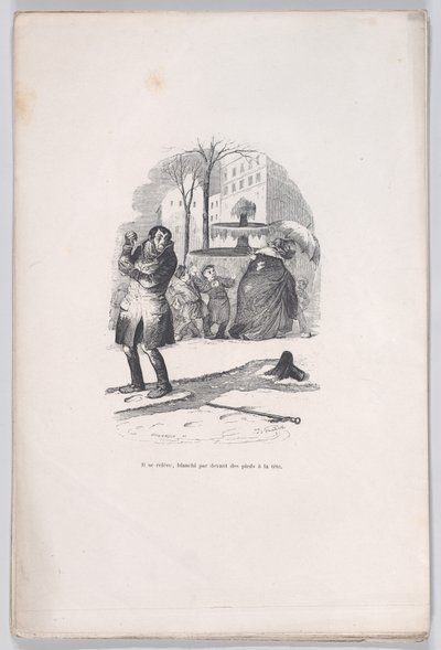Il se lève, couvert de neige de la tête aux pieds. des Petites Misères de la Vie Humaine, 1843 - Jean Ignace Isidore Gérard